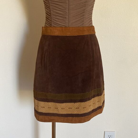 Vintage Brown & Tan Multi-panel Genuine Suede Leather Mini Wrap Skirt Size Small - Picture 5 of 14
